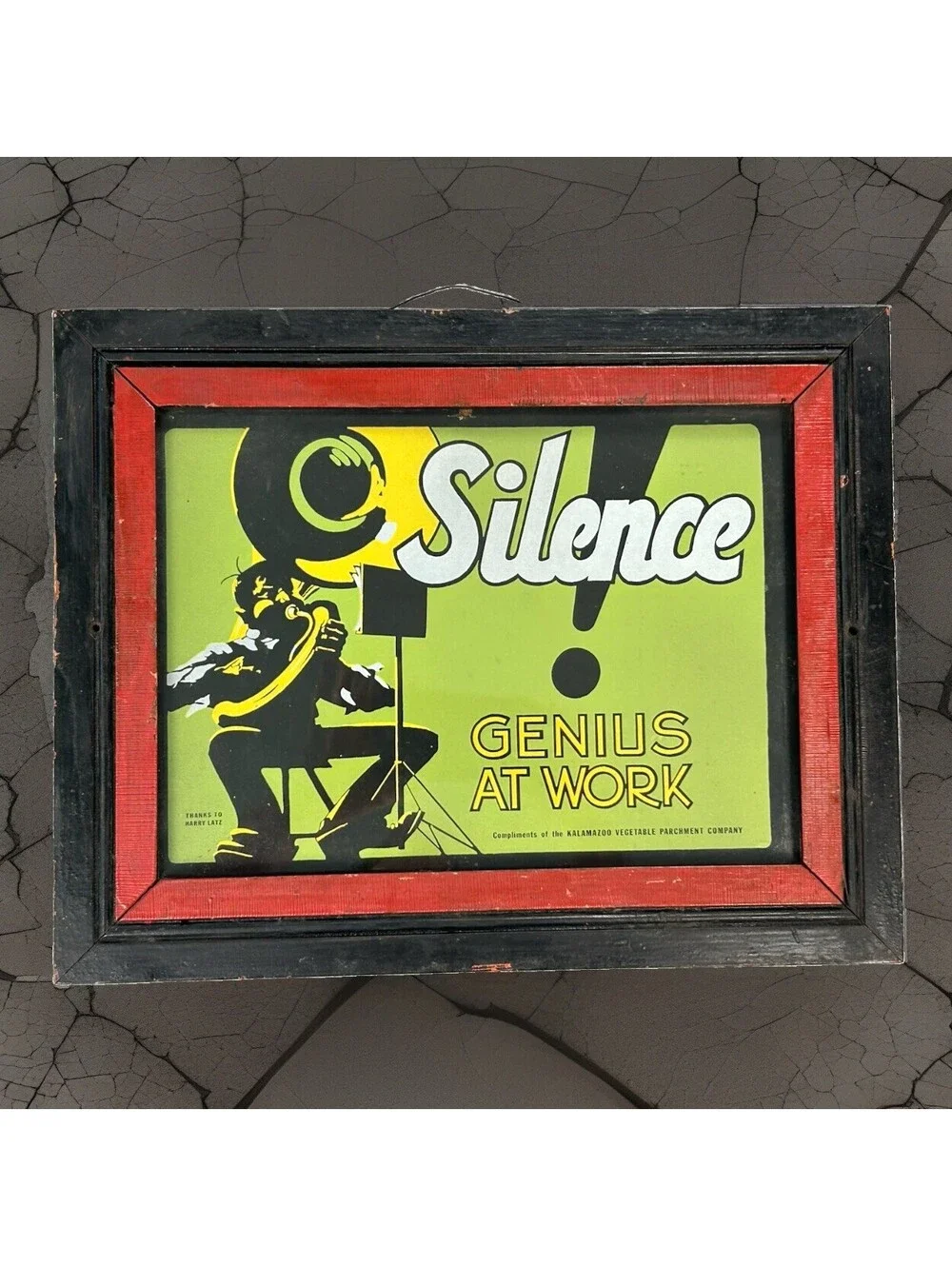 Vintage Silence Genius At Work Sign Framed Kalamazoo Vegetable Parchment 15
